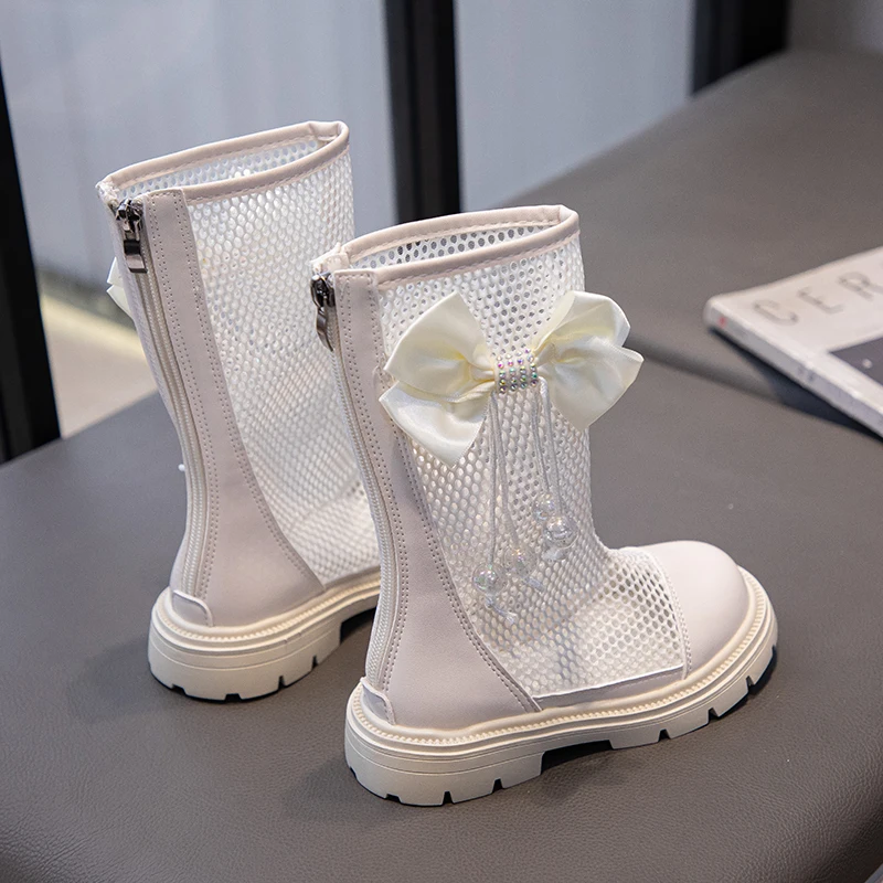 여아용 여름 샌들, 하이탑 메쉬 그물 신발, 통기성 컷아웃, 활 매듭 펜던트, 공주 달콤한 어린이 검투사