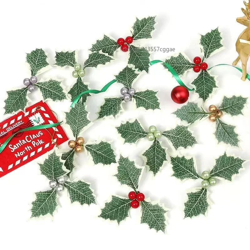 50-5Pcs Christmas Holly Leaves Artificial Red Berries Flower DIY Christmas Wreath Ornaments For 2025 Xmas New Year Decor Navidad