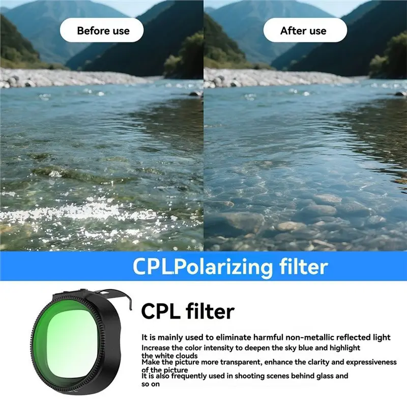 Vue rapprochée du filtre CPL pour drone DJI Neo2 réduisant les reflets et le flare