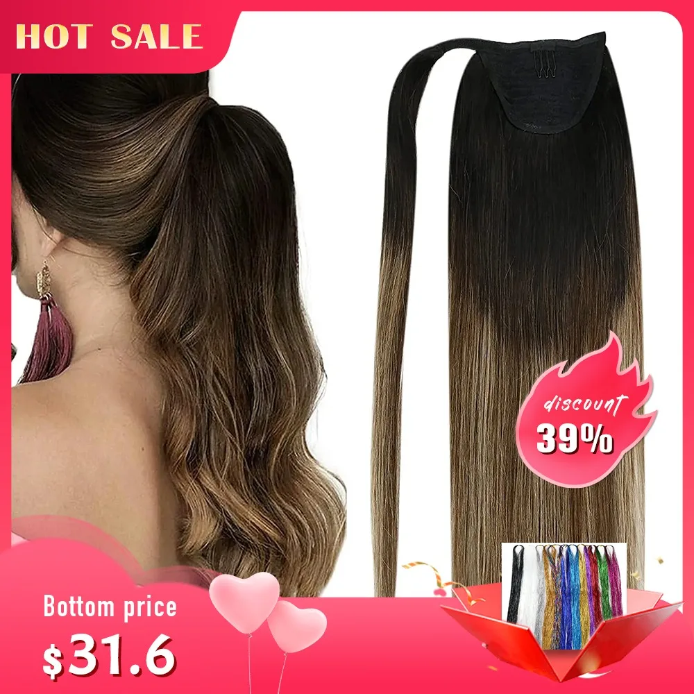 Ponytail Human Hair Straight 80g Clip in Hair Extensions 14-22" Natural Horse Tails No Claw Clip human hair extensions