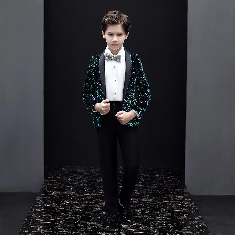 Children handsome British style stage performances host dresses suit set boys Sequins blazer shirt pants bowtie clothing set