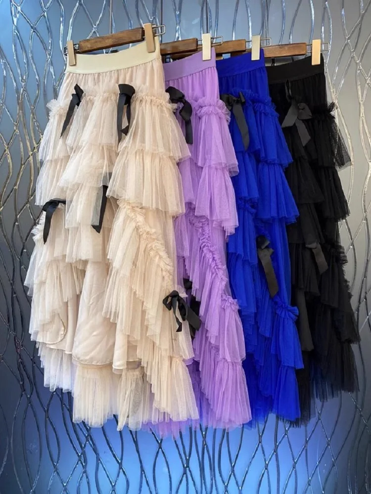 

Ball Gown Skirts 2023 Summer Fashion Style Skirt Ladies Elastic Waist Bow Deco Sexy Asymmetrical Beige Purple Black Mesh Skirts