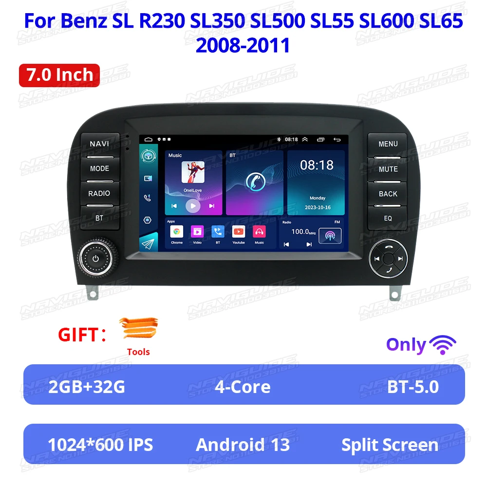 thumbnail image 1 of NAVIGUIDE 7'' 2din Android 13 Carplay Auto Multimedia para Benz SL R230 SL350 SL500 SL55 SL600 SL65 2008-2011 Sin reproductor de DVD, 1 of 5