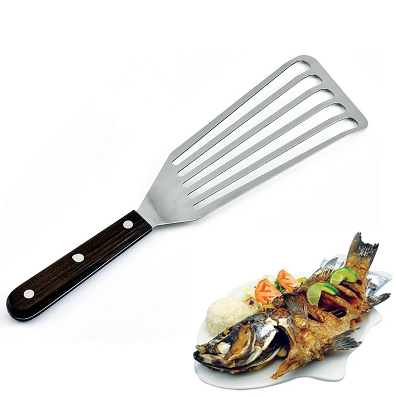 

Wooden Handle Stainless Steel Frying Spatula Non-Stick Fish Shovel Beveled Edges for Cooking Kitchen Utensils Household