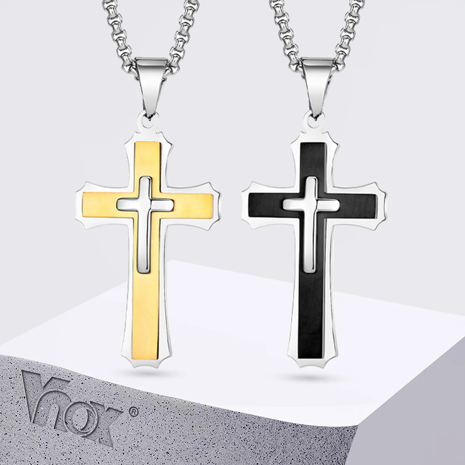 Vnox klobige dreilagige Kreuz-Halsketten für Männer, schwarz-silberfarbener Edelstahl, kräftiger Glaube-Kreuz-Anhänger, Hip-Hop-Halskette