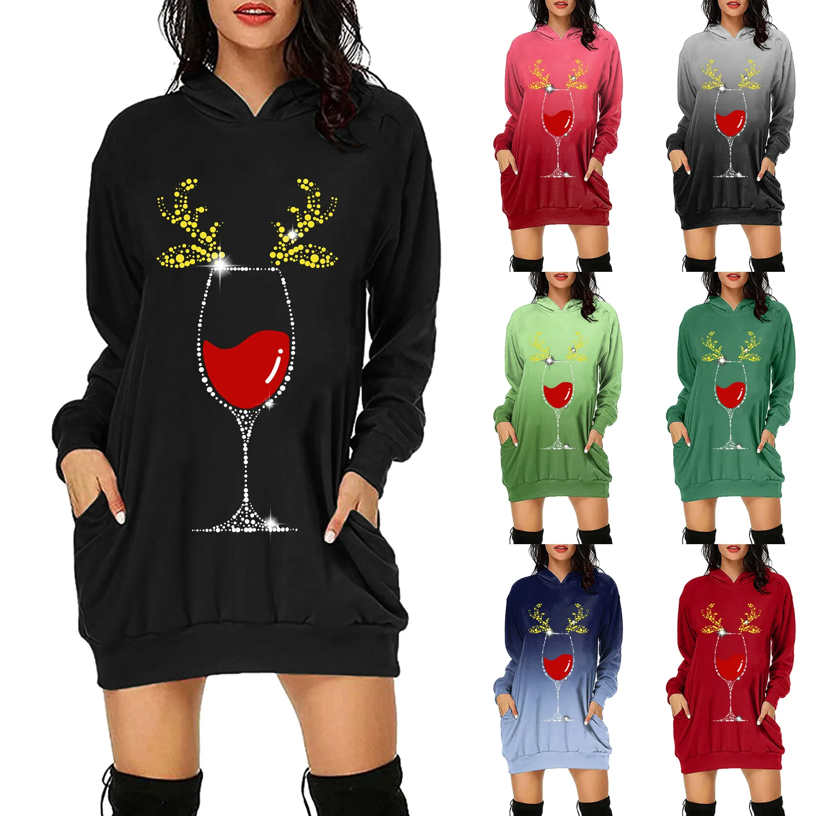 

Women Casual Long Sleeve Hooded Sweatshirt Pocket Pullover Dress Christmas Dress Womens Shirt