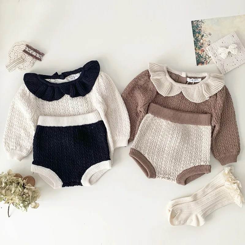 

2023 Autumn Baby Girls Clothing Set Hollw Out Sweaters and Bloomers 2 Pcs Girls Suit Contrast Color Knit Baby Ouitfit