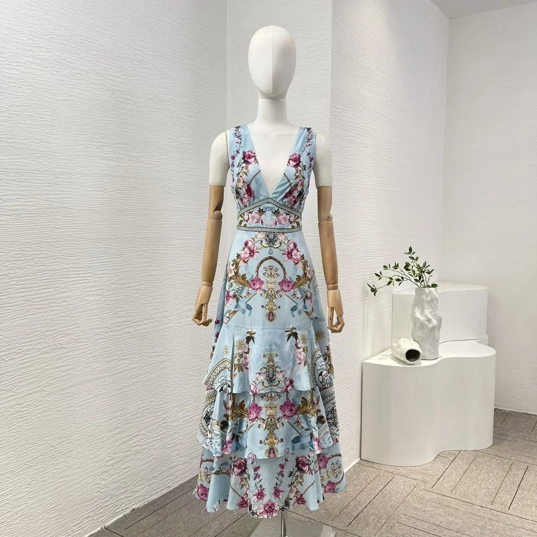 

Blue Summer Collection Vintage Floral Print Sleeveless 2024 Silk Bow Tie Top Quality Cake Stacking Pleats Midi Dress for Holiday