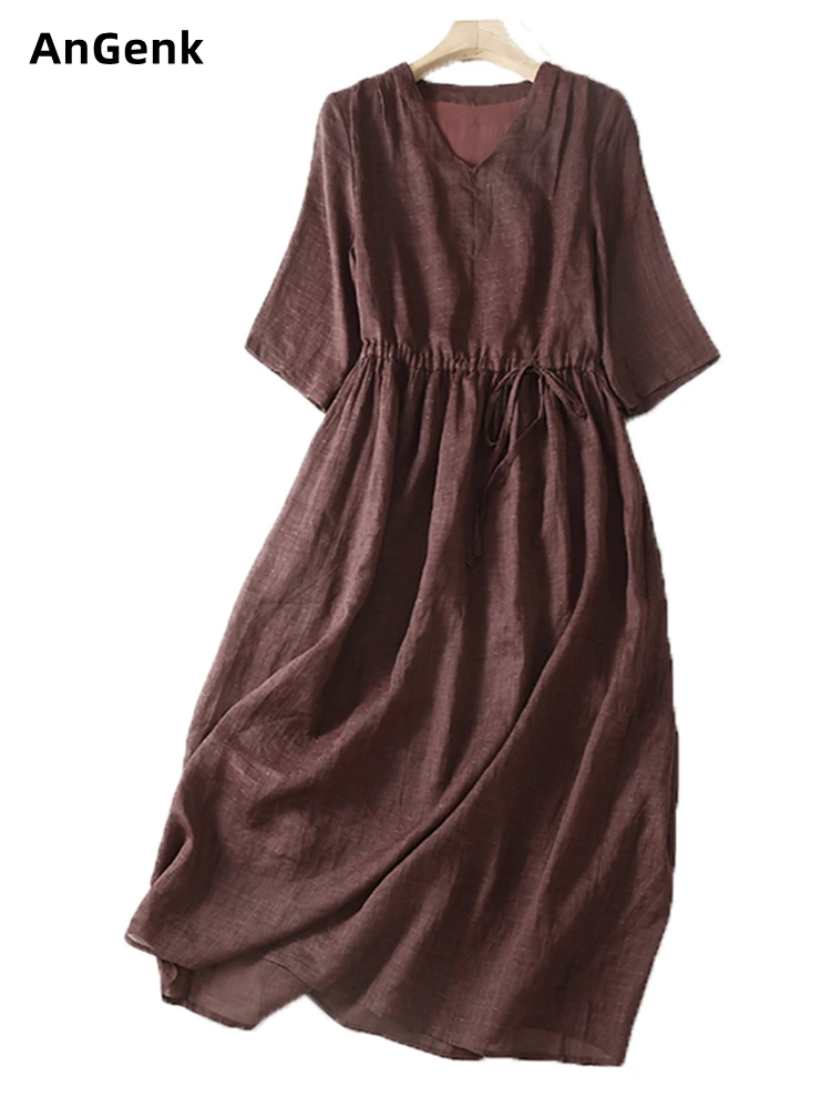 

Cotton Vintage Solid Color Dress Women 2024 New Summer Casual Loose Long Art V-Neck Dresses Femme Robe Vestidos Elegant Clothing