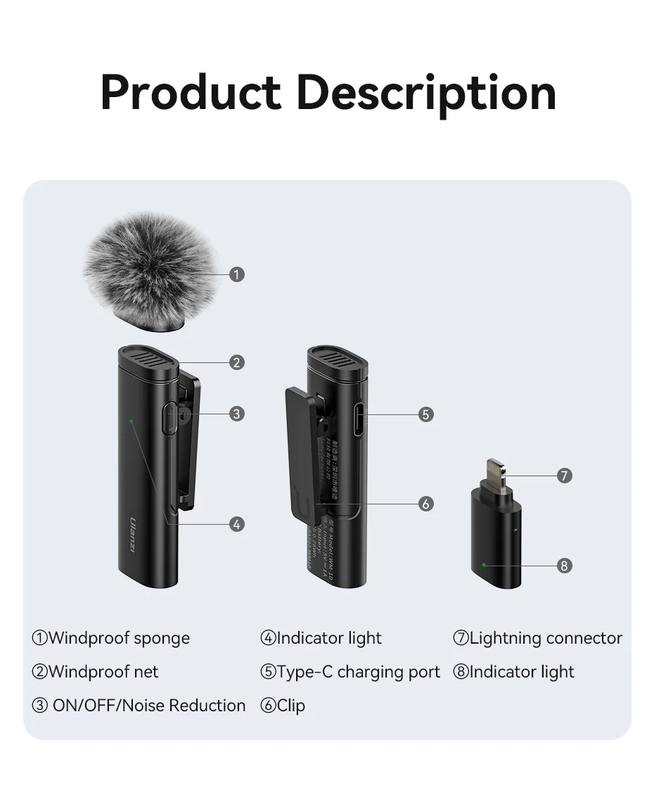 Ulanzi VM-10 Wireless Clip-on Microphone 3-Level Noise Reduction Mic With Lightning Connector For iPhone Vlog Live Streaming