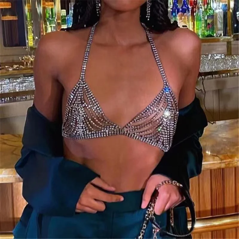 Women's sexy shiny Rhinestone mesh sling body chain jewelry fashion bikini crystal breast chain bra underwear nightclub accessor