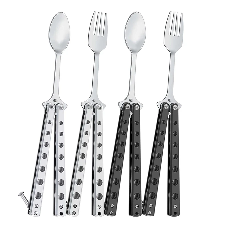 

4 Pcs Spoon Fork Butterfly Fork And Spoon Set Folding Stainless Steel Forks And Spoons For Travel Hiking BBQ