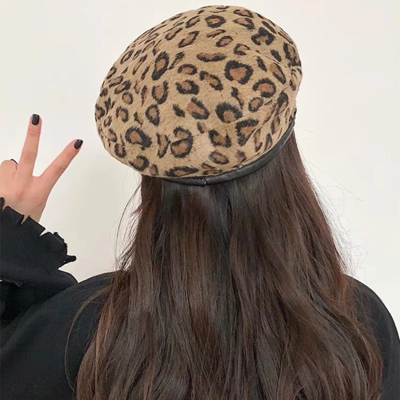 Women Hat Cute Beret Vintage Hats For Women Leopard Felt Hat Beanie Woolen Winter Hat 2022 Women's Beret With Visor Warm