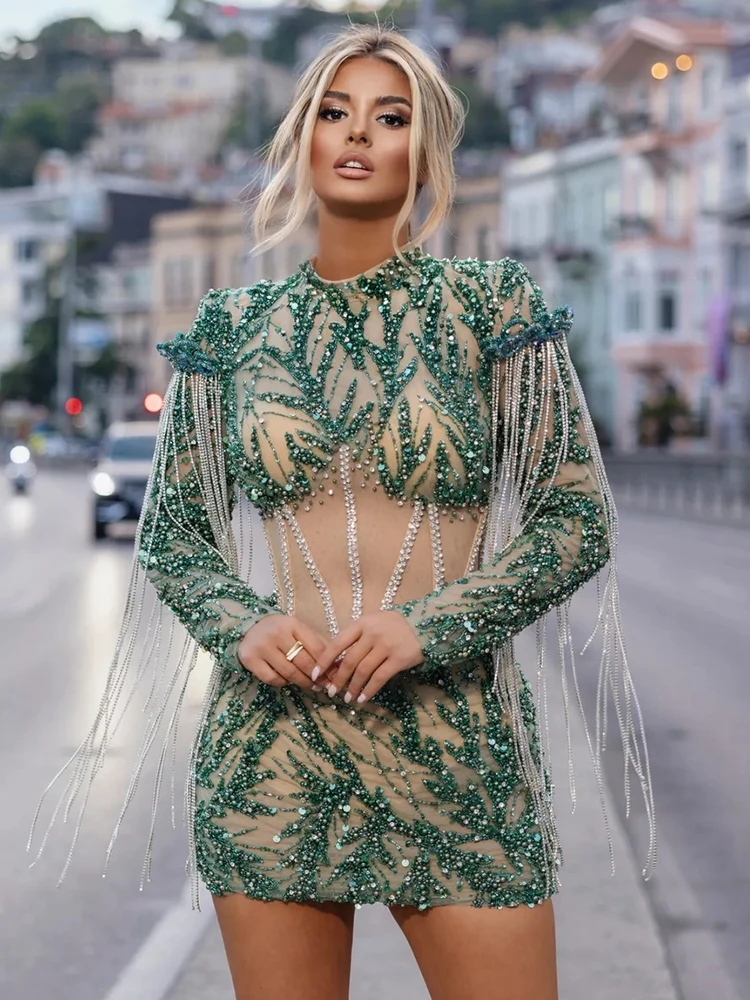 2023 Nuovo Vestito Da Stampa Di Design Donna Manica Lunga Dolcevita Perline Ricamo Diamanti Nappa Aderente Mini Costumi Di Scena