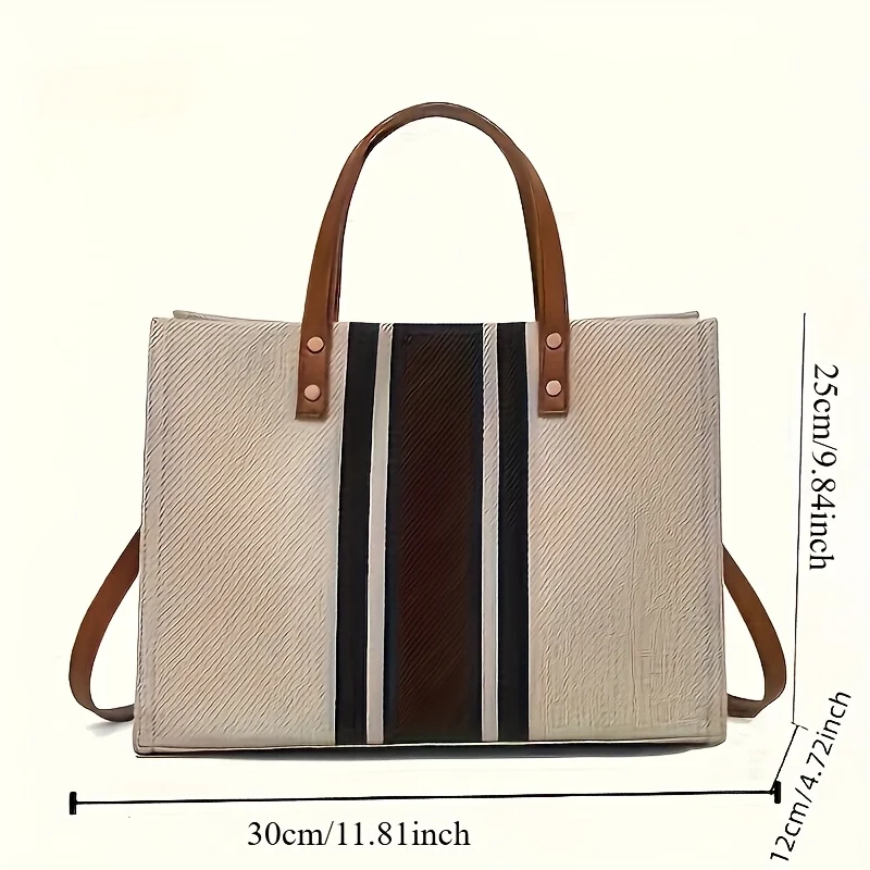 Stylish Women'S Canvas Tote Bag, Black Blue Striped Design Handbag Shoulder Bag for Work, School, Shopping, Beach Outings & Gym