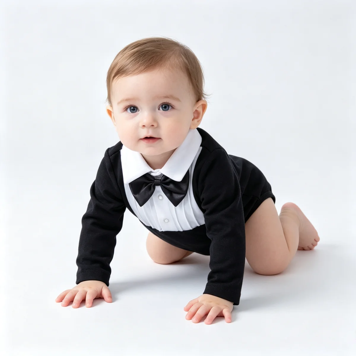 Body Elegante Nero e Bianco per Neonato con Papillon e Maniche Lunghe, Tutina da Gentiluomo per Battesimo, Feste e Servizi Fotografici - immagine 4