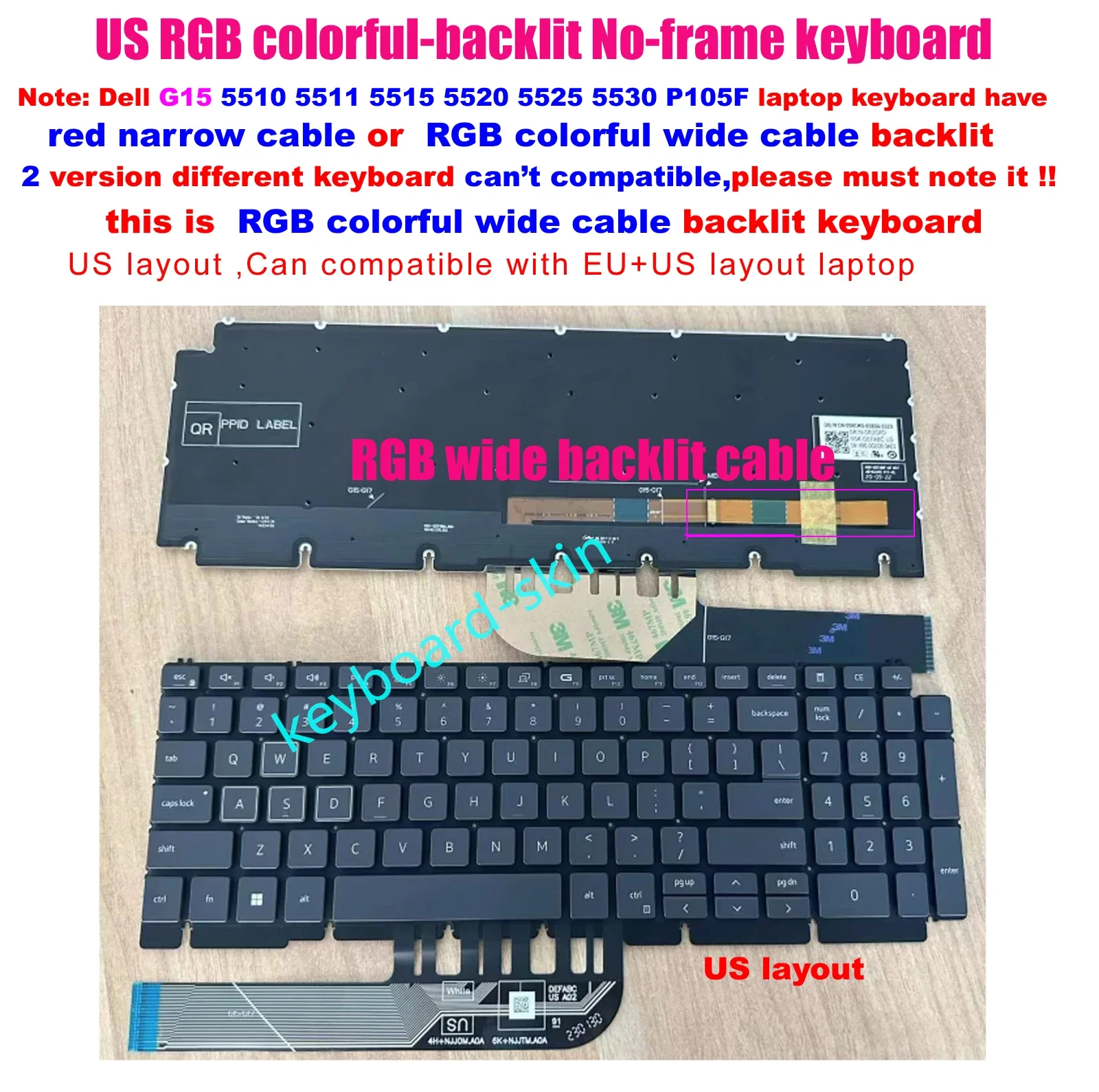 

New US no-frame Keyboard RGB colorful Backlit for Dell G15 5510,G15 5511,G15 5515,G15 5520,G15 5525,G15 5530,P105F laptop