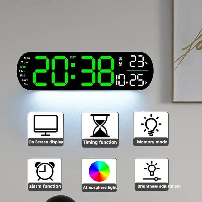 Digital Wall Clock Large LED Screen Temperature Humidity Display Electronic Alarm Clock Creative Home Decoration Remote Control 3