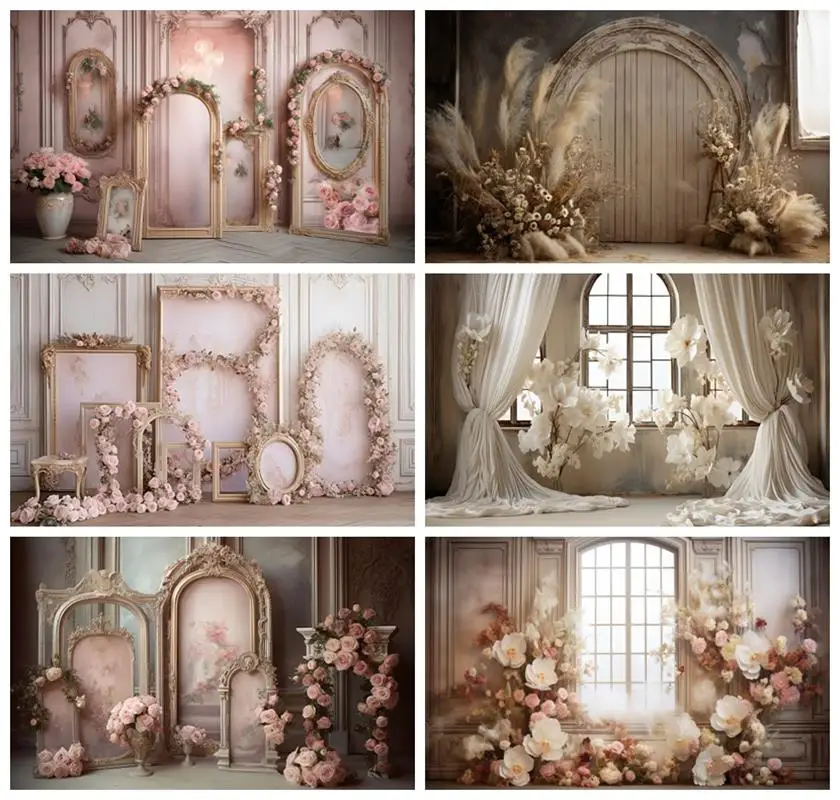

Laeacco Pink Flowers Gypsum Wall Decor Backdrop Empty Interior Wedding Ceremony Birthday Retro Portrait Photography Background