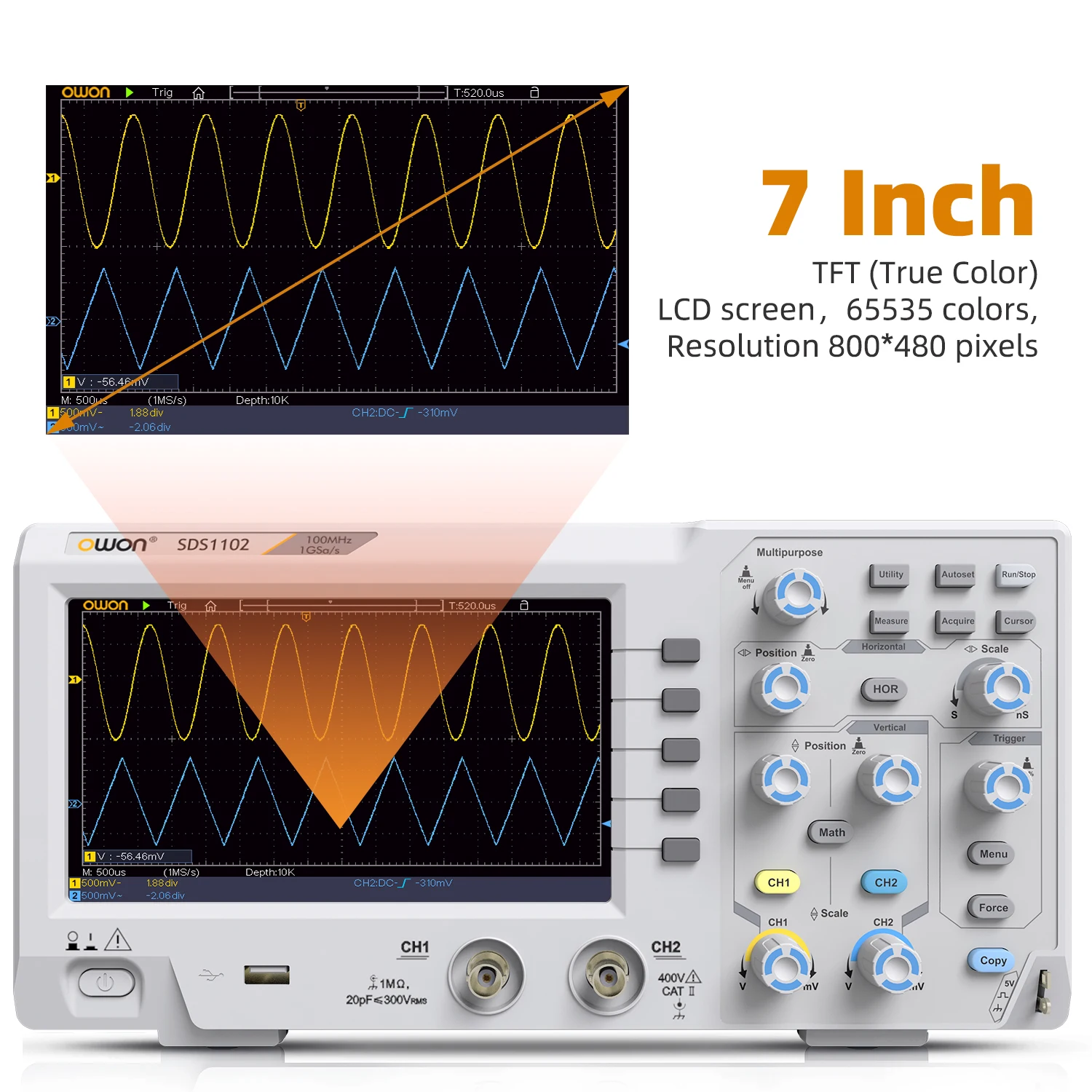 Owon SDS1102 Digital Oscilloscope 5mV/Div 2 Channel 100MhZ Bandwidth 1GS/s Sampling Rate 7-inch TFT Storage Desktop Oscilloscope 4