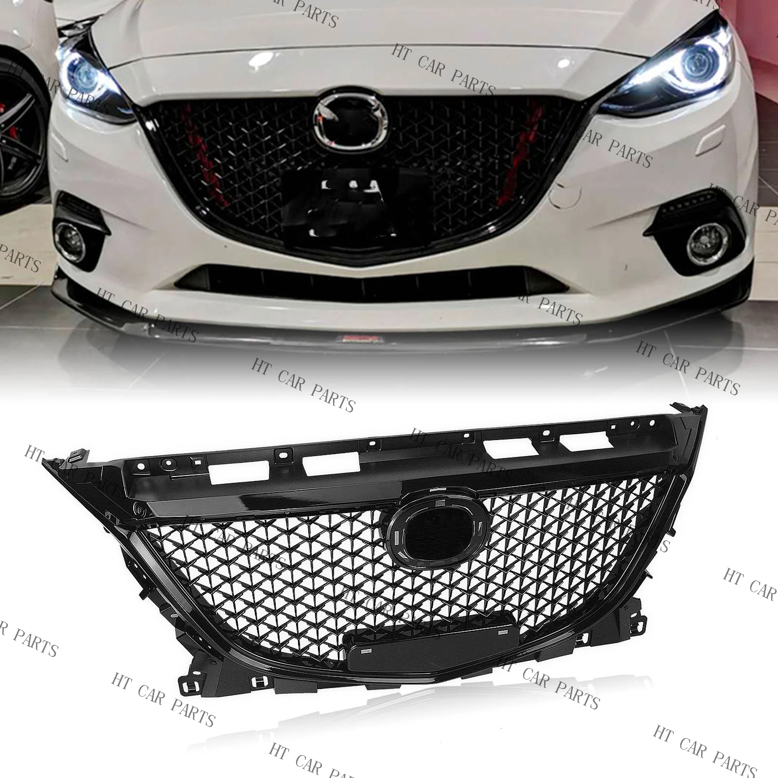 

Fit For Mazda 3 Axela 2014-2016 2014 2015 2016 1PCS Glossy Black Honeycomb Front Bumper Grille