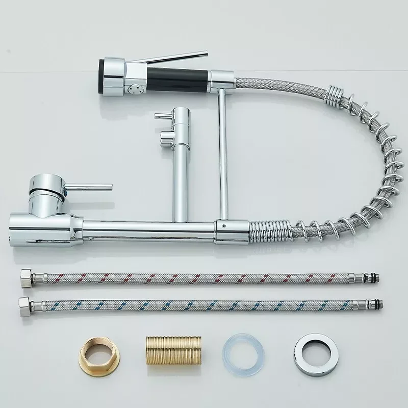 Chrome Brass Kitchen Sink Faucet Pull Down Hot and Cold Water Mixer2 Mode Tap with Dual Spout 360 Rotation Flexible Deck Mounted 6