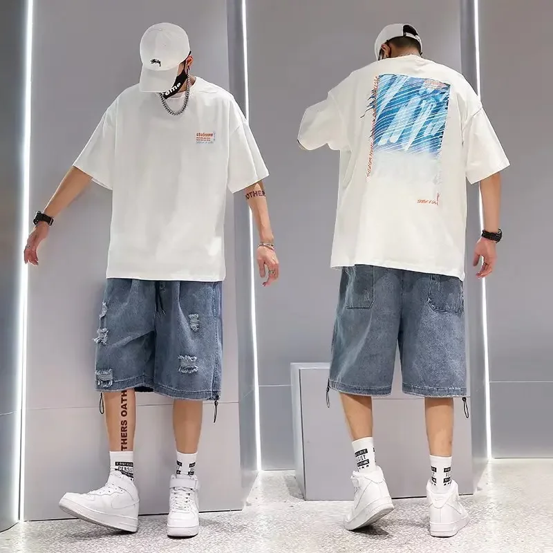 Denim Shorts Summer Jeans Shorts Men Summer Loose-fit Denim Shorts American Style Five-point Mid-pants Casual
