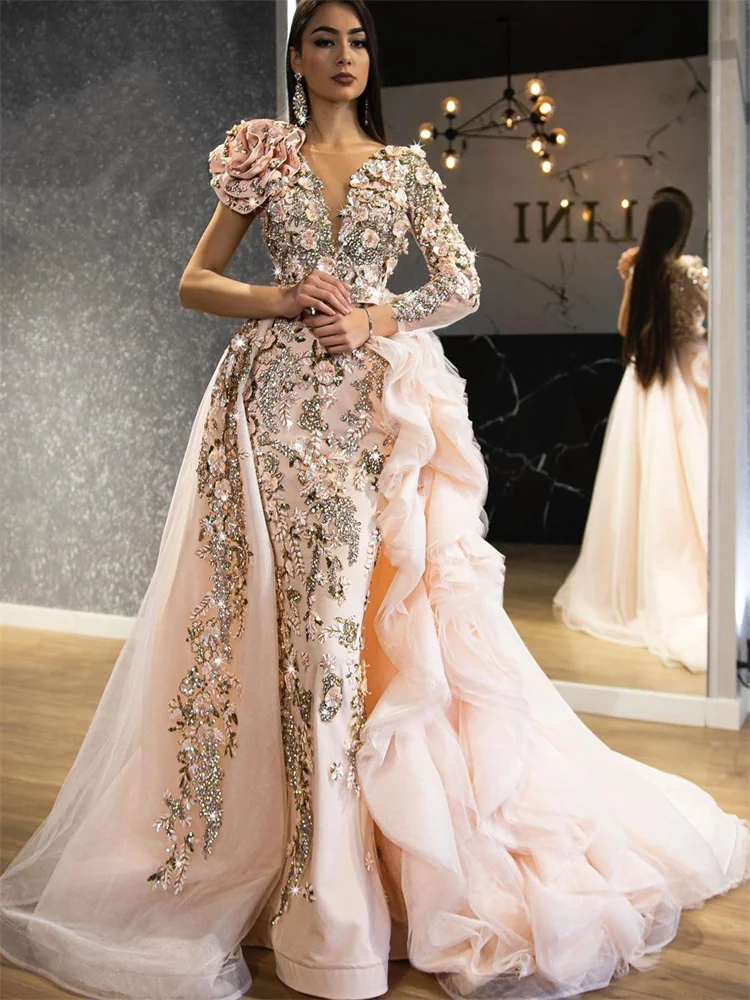 

Arabic Aso Ebi Luxurious Lace Beaded Evening Dresses Long Sleeve Mermaid Prom Dresses Sexy Formal Party Second Reception Gowns