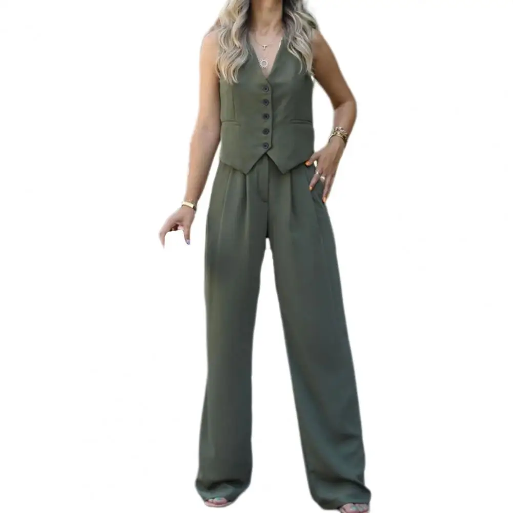 Wide-leg Pants Set Chic Women's V Neck Vest Pants Suit Elegant Single-breasted Sleeveless High Waist Wide Leg Ol for Formal