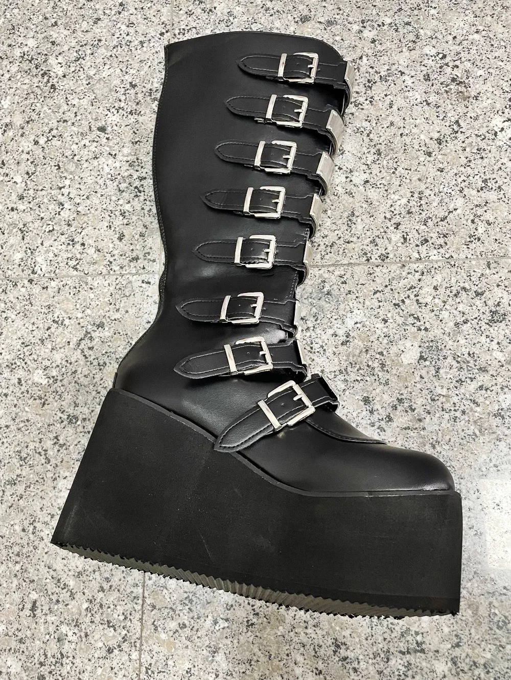 New Women's Cosplay Boots Multi-row Belt Buckle Long Tube Leather Knight Boot Punk Gothic Classic Black High Heel Shoe Knee-High