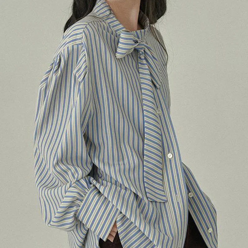 2024new Summer Loose Casual Office Lady Women's Shirt Elegant Fashion Striped Knitting Shirt Collar Long Sleeve Chic Kawaii Tops