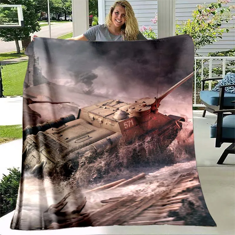 

3D Print Tank War Flannel Blanket Warm Fluffy Soft Military Weapons Throw for Bed Sofa Travel Picnic Blankets for Boys Men Gift