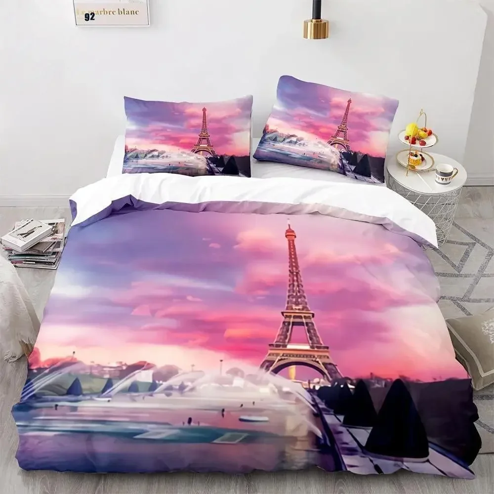 Eiffelturm-Bettbezug-Set, King-Size-Bett, Vintage, schönes weltberühmtes Gebäude, Sakura-Twin-Bettwäsche-Set aus Polyester für Kinder und Mädchen – Detail 6