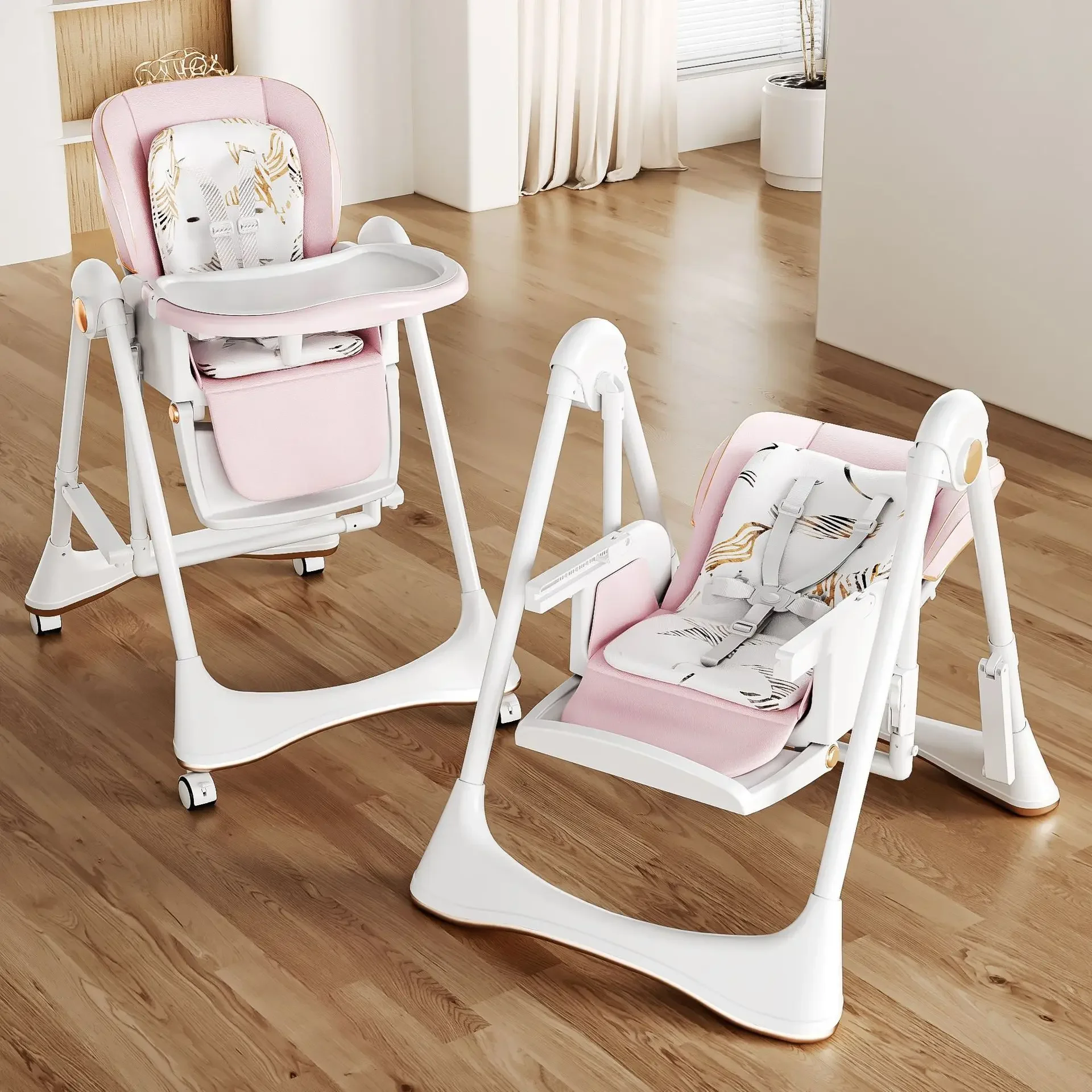 Swing Portable Baby High Chair Dining Rocking Chair Foldable Toddler Dining Table Cradle 2-in-1 Learning Rocking