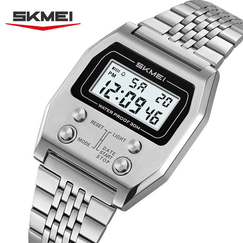นาฬิกาผู้ชาย SKMEI 2460 สไตล์เรโทร สายสแตนเลส กันน้ำ ไฟ LED ดิจิตอล