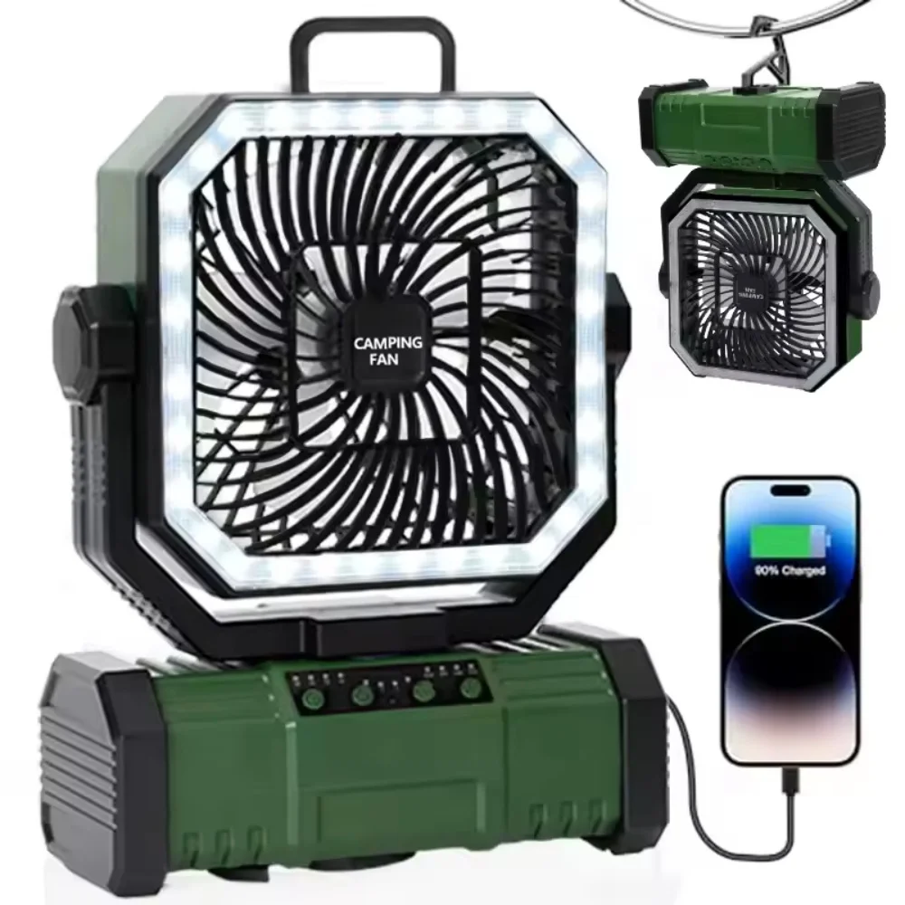 Outdoor Camping 20000mAh Rechargeable Fan With LED Lantern & Remote For Fishing Travel, 4 Speeds 8H Timer, Hanging Hook_voghion.com