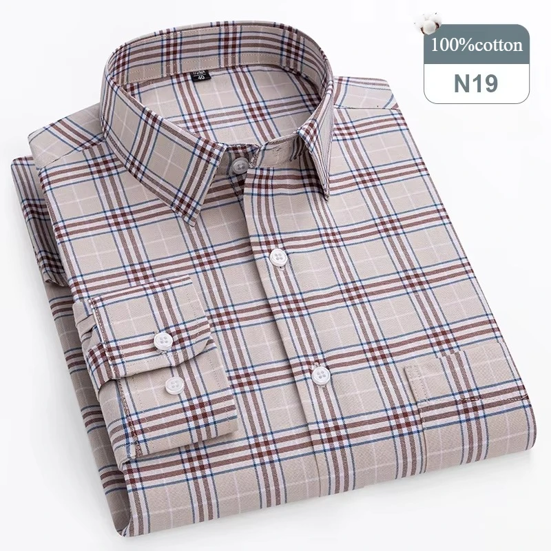 Men's Plus Size Long-Sleeve 100% Cotton Slim Fit Formal Shirt - Soft Plaid and Striped Design