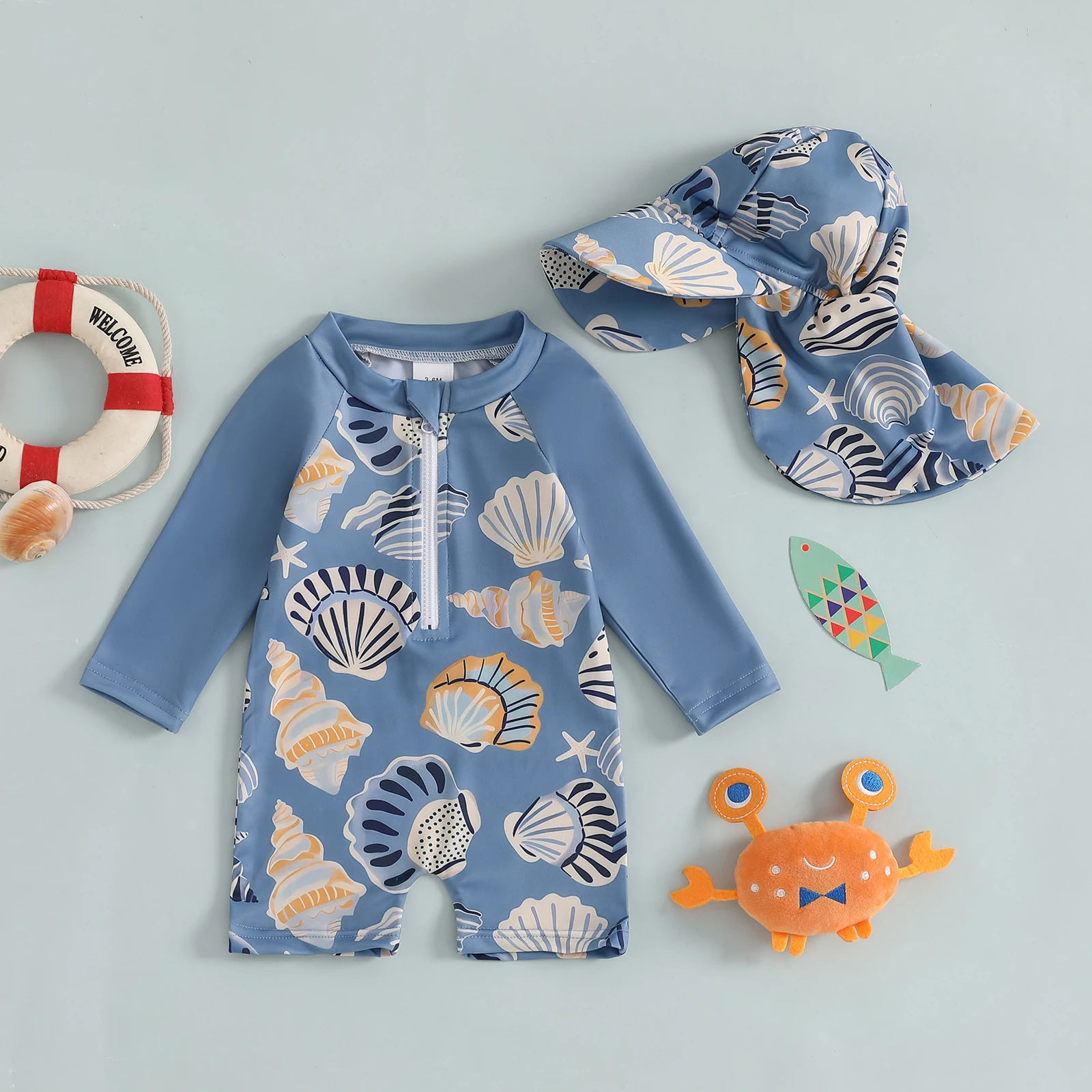 Infant Baby Boys Girls Rash Guard Children Cotton Seahorse Shell Pattern Zip Up Swimwear Toddler Long Sleeve Crew Neck Swimsuits