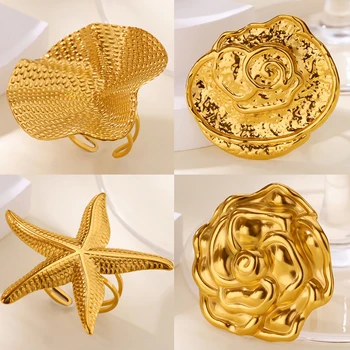 Gold Color Super Starfish Rings for Women Stainless Steel Super Flower Ring Aesthetic Wedding Waterproof Jewelry