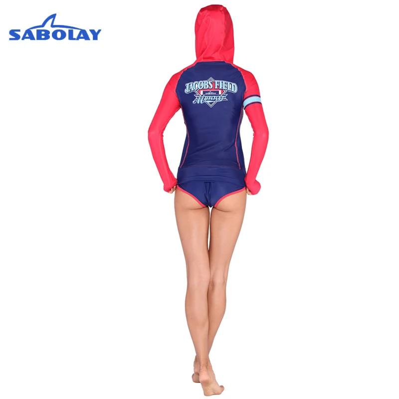 SABOLAY Long Sleeve Swimsuit Sunscreen Shirt Quick Dry Wetsuit Zipper Anti-jellyfish Drying Suit Women Hooded Jacket + Shorts