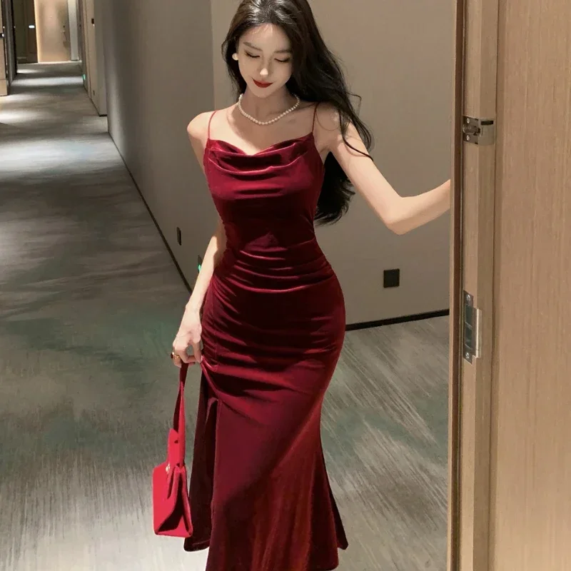 Vintage Sexy Club Prom Red Dresses for Women Spaghetti Strap Slit Velvet  Dress Beach Bandage Bodycon Midi Dress Party Elegant - AliExpress 200000345