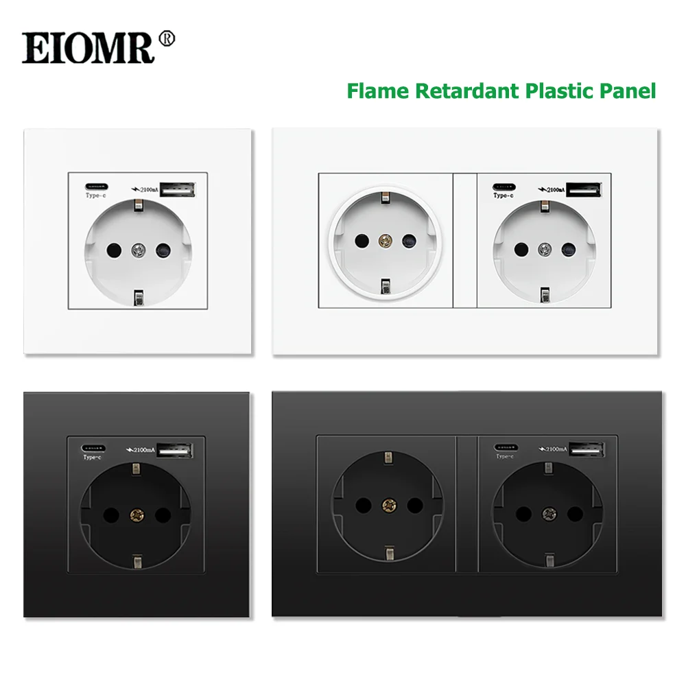 EIOMR EU มาตรฐาน Power Socket, เดี่ยวและคู่ 220V 16A สีขาวสีดํา PC แผง EU Socket, ผนัง Usb Type-C ปลั๊ก Outlet สําหรับ Home 1