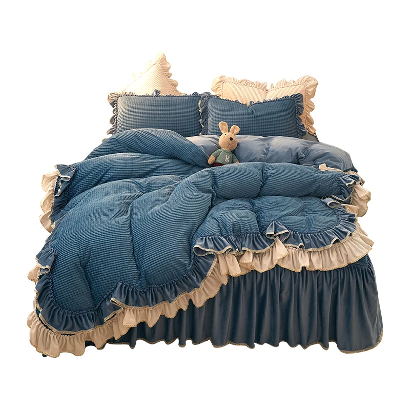 

Winter Four-Piece Quilt Cover Bed Skirt Ruffled Coral Velvet Double-Sided Flannel Milk Fiber Bed Warm