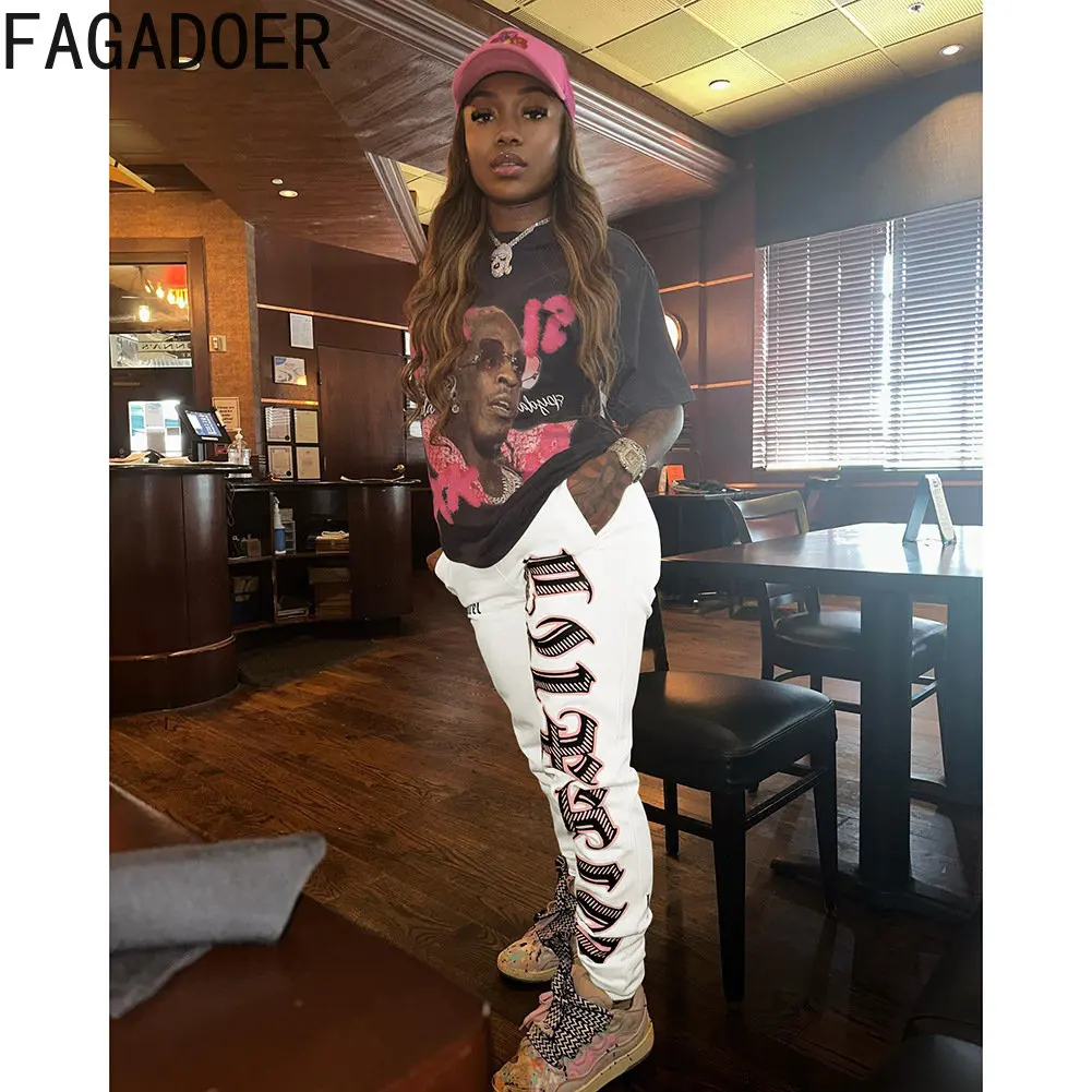FAGADOER Fashion Streetwear Women High Waist Drawstring Sportpants Casual Letter Printing Sporty Trousers Female Bottoms Clothes