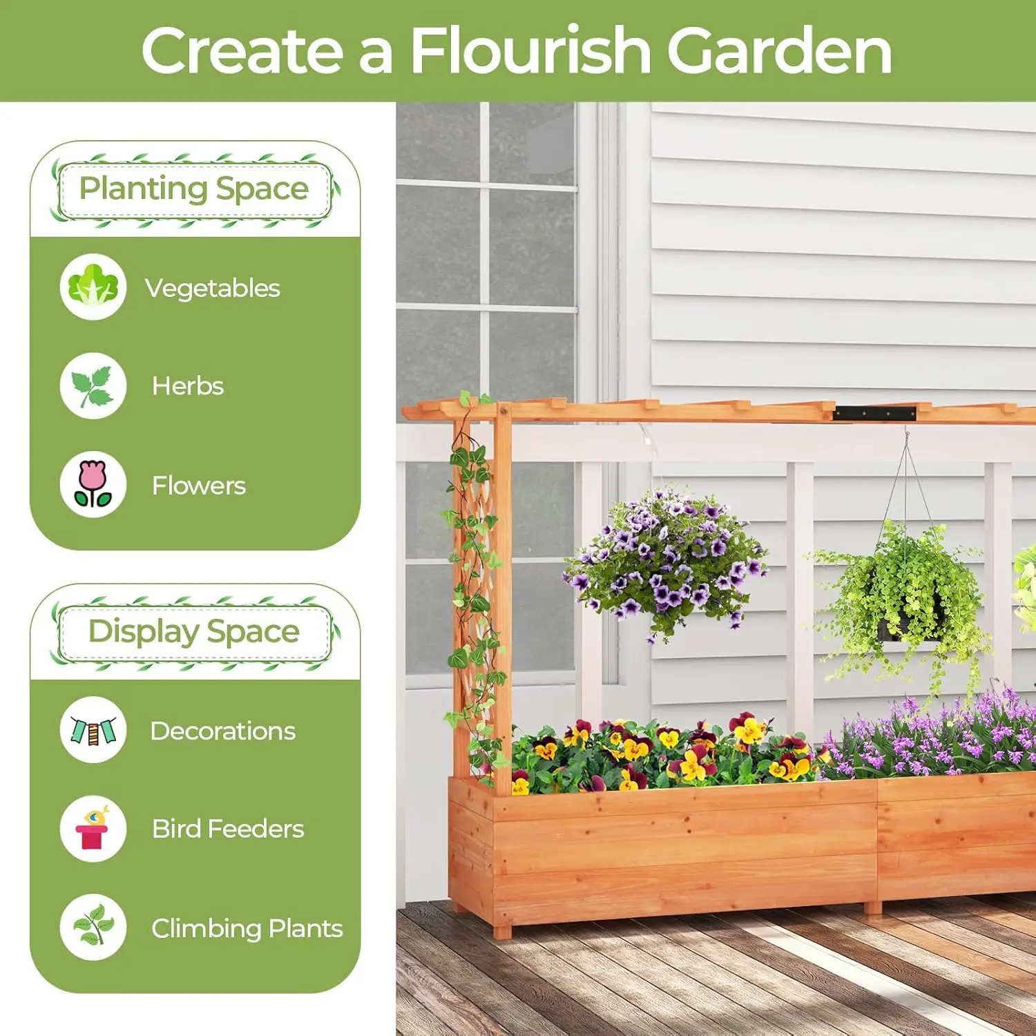 Raised Garden Bed with Trellis, 2 Pack Freestanding Wood Planter Box w/Hanging Roof & 8 Drainage Holes for Vine Climbing 6
