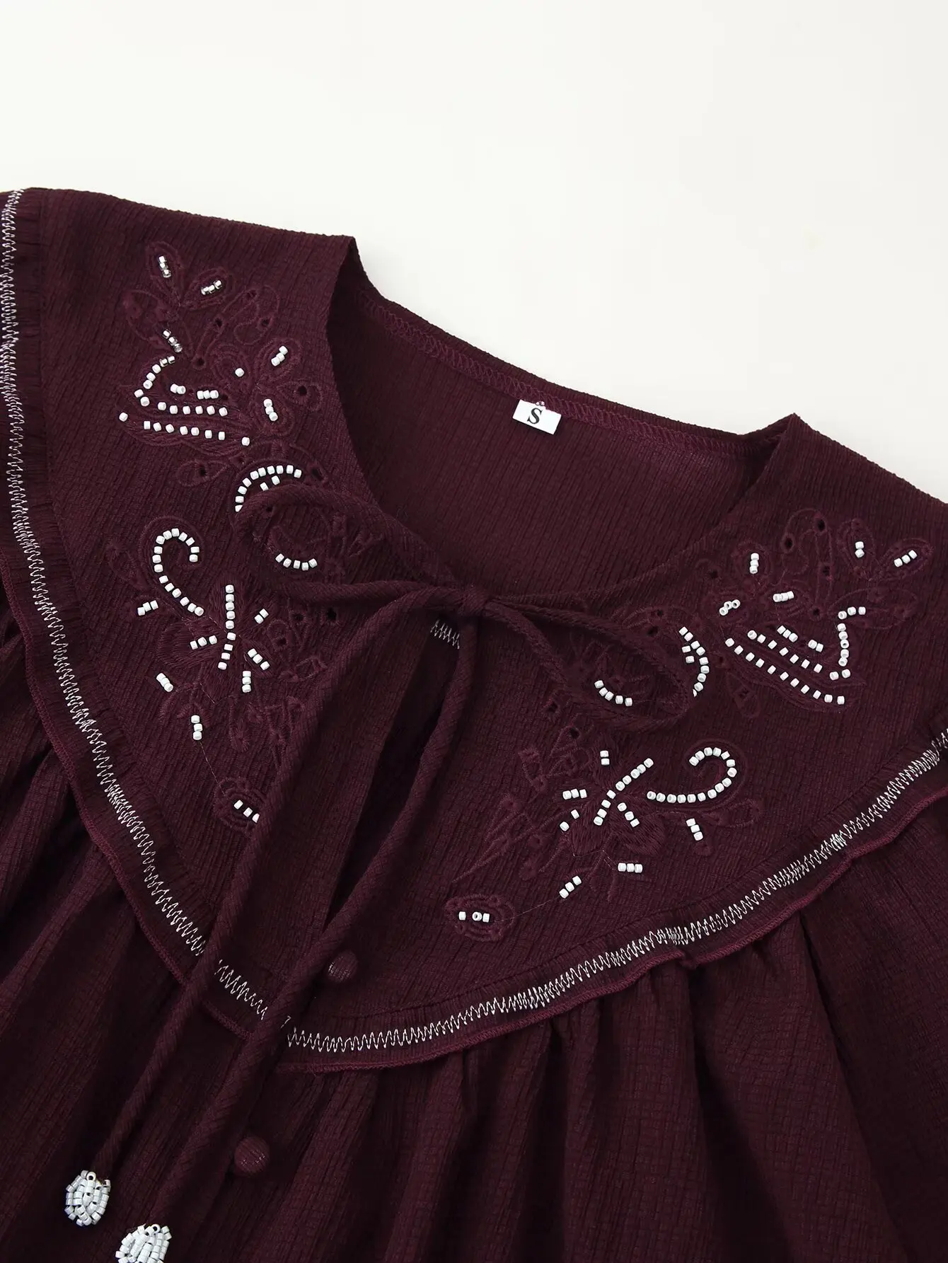 Women Retro Shirt Fashion Casual Ruffled Collar Bead Lace-Up Single Breasted Long Sleeved Blouse Lady High Street Loose Shirt To