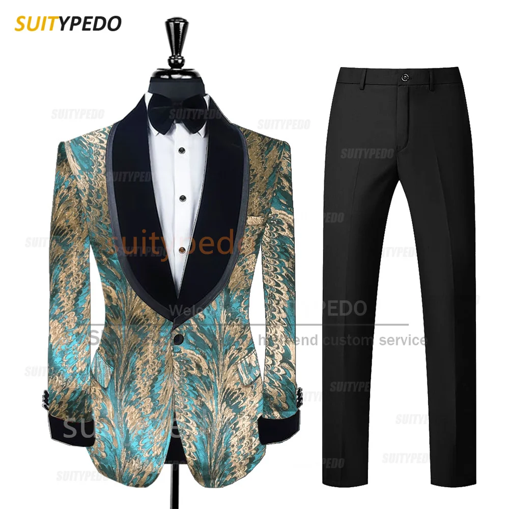 

Newest Jacquard Suit Set For Men Wedding Grooms Custom Slim Fit Blazer Pants Fashion Banquet Velvet Shawl Lapel Elegant Outfits