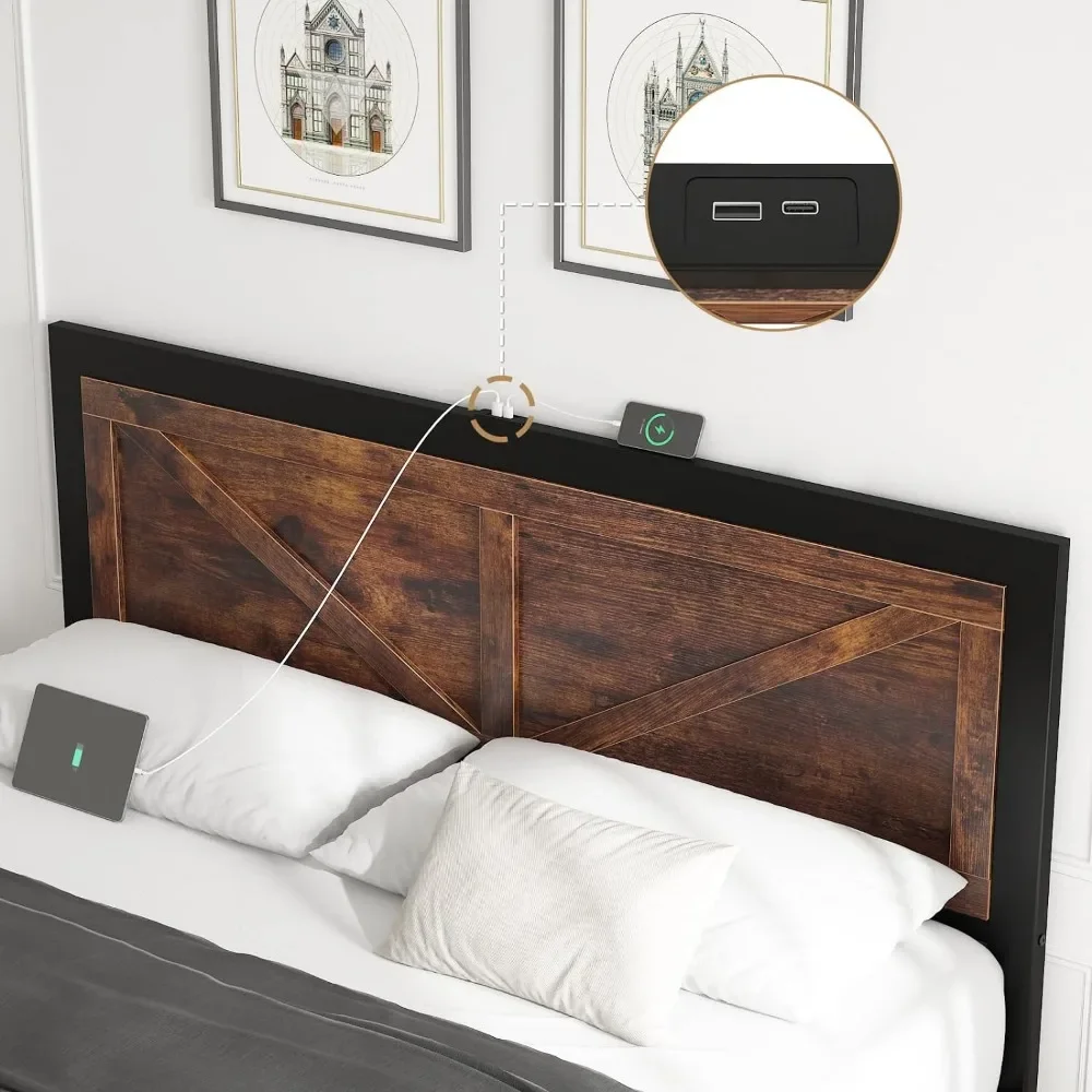 Led Bed Frame Queen/Full/King Size with Charging Station, Industrial Platform Bed Frame with Rustic Barn Door Wood Headboard 4