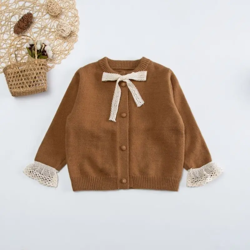 Baby Girl Princess Lace Bowknot knitted Cardigan Elegant Child Spring Autumn Winter Sweater Top Long Sleeve Baby Clothes 2-12Y