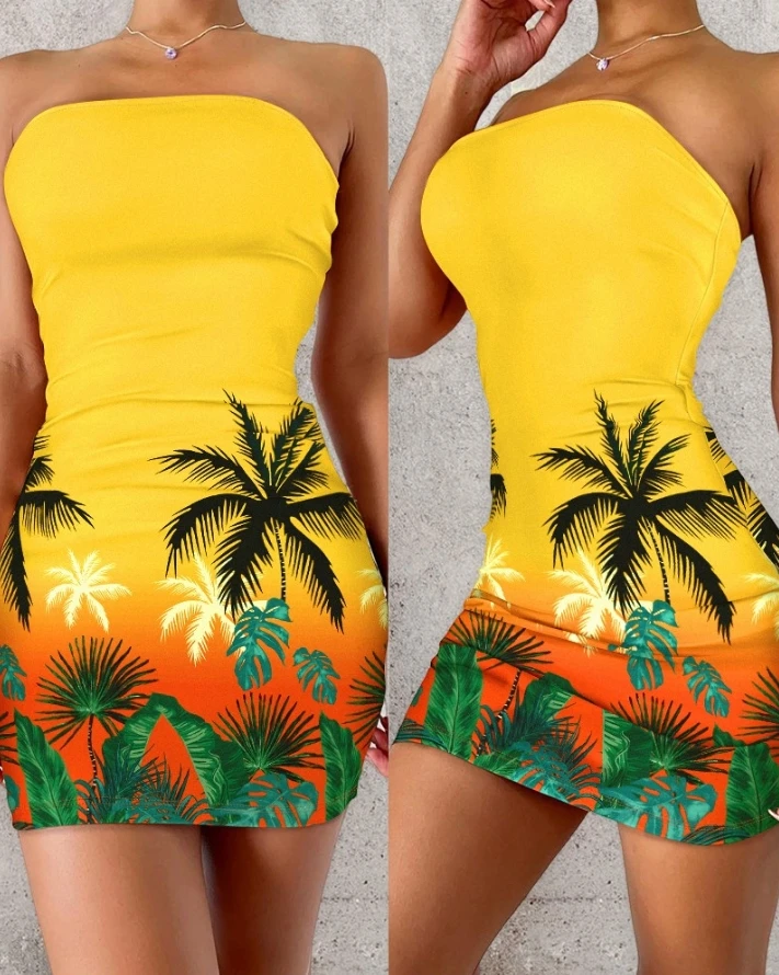 

Summer Women's Fashion New Beach Tropical Stripe Tight Yellow Gradient Hawaiian Coconut Tree Print Bra Slim Fit Sexy Dress